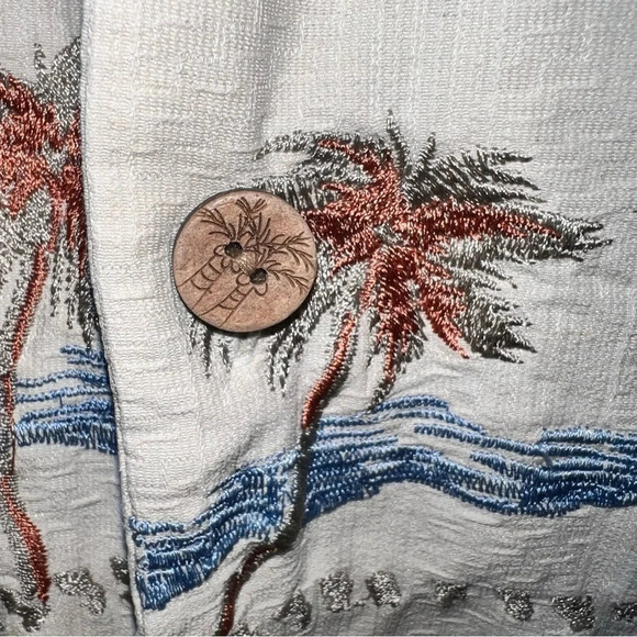 Paradise Blue,M, silk embroidered button front hem vents tropical Hawaiian shirt - Picture 9 of 11